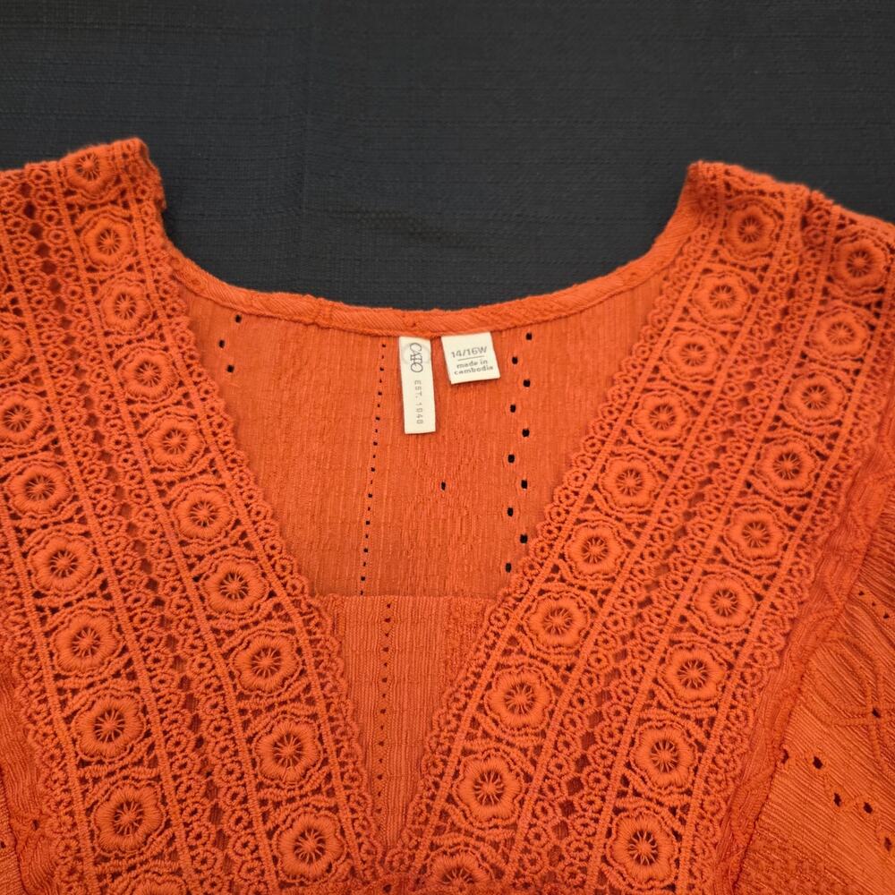 Cato Boho Orange Lace Trim Peasant Tunic Blouse Womens Size 14 16W - Picture 6 of 12